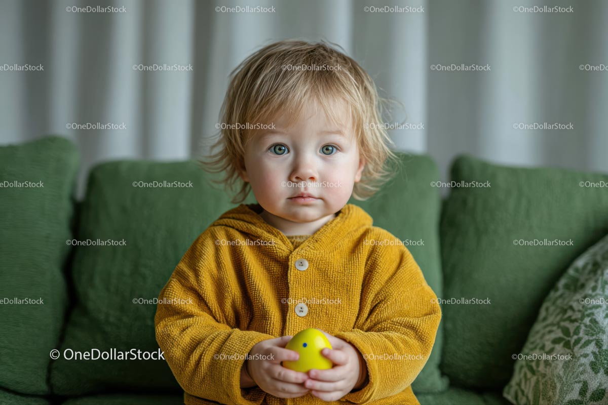 Adorable Toddler in Yellow Sweater Holding Toy