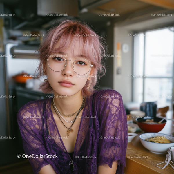 Young Woman with Pink Hair in a Modern Kitchen Setting