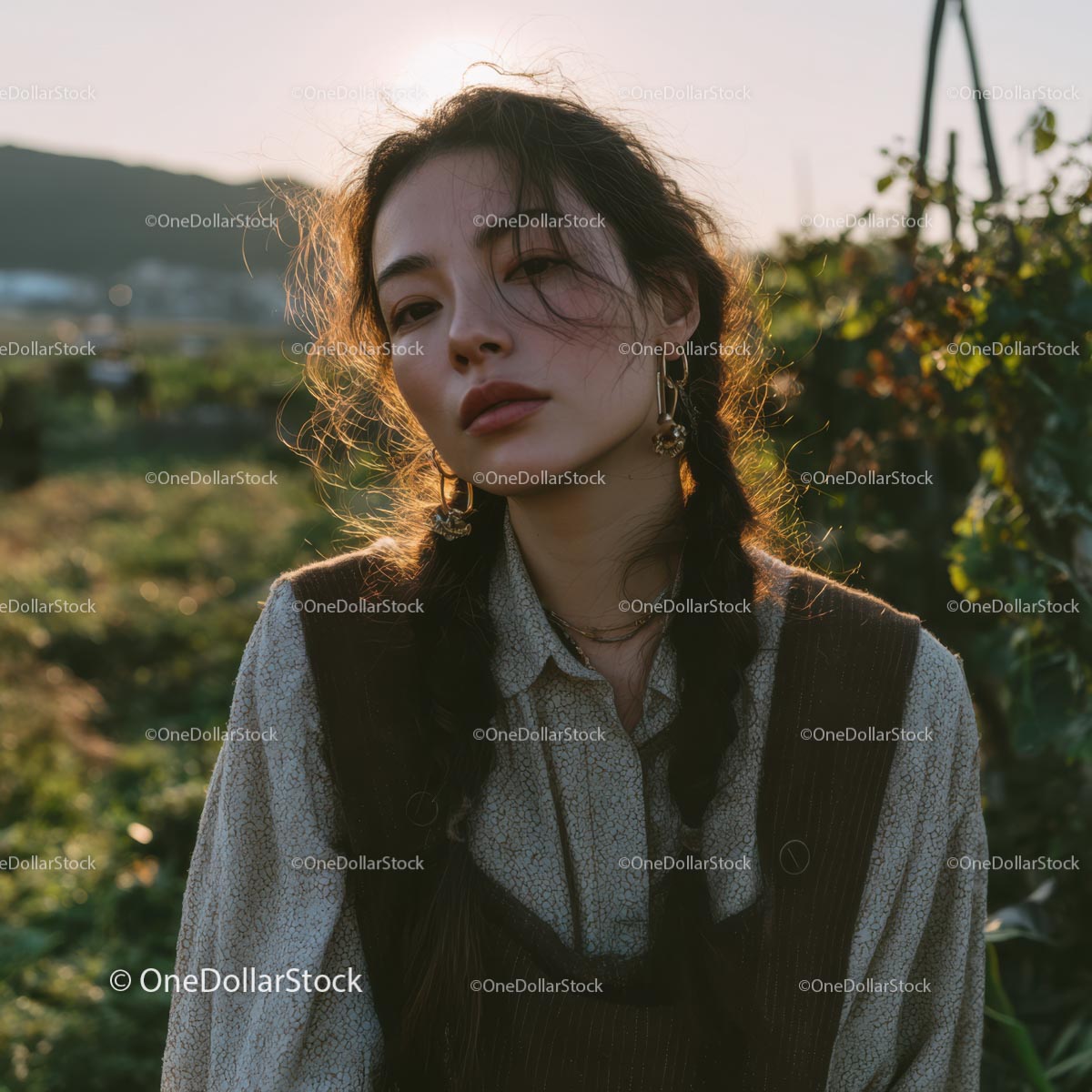 Young Woman in Sunlit Field with Braided Hair