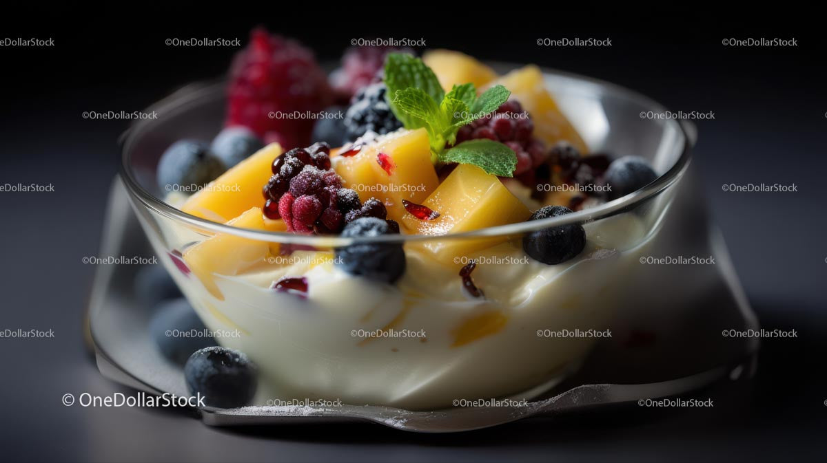 Parfait jogurtowy z mango i jagodami z dodatkiem mięty
