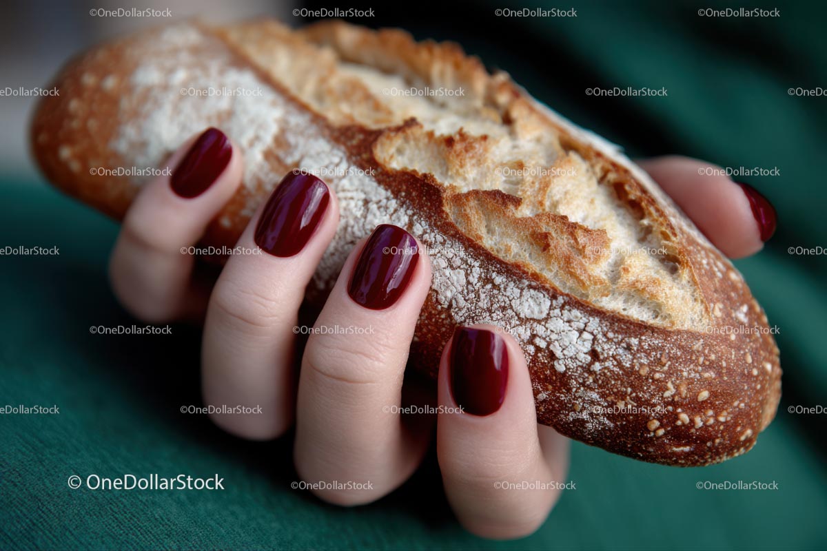 Artisan Bread Held by Hand with Red Nails