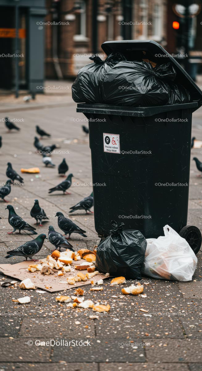Pigeons Gathering Around Urban Trash