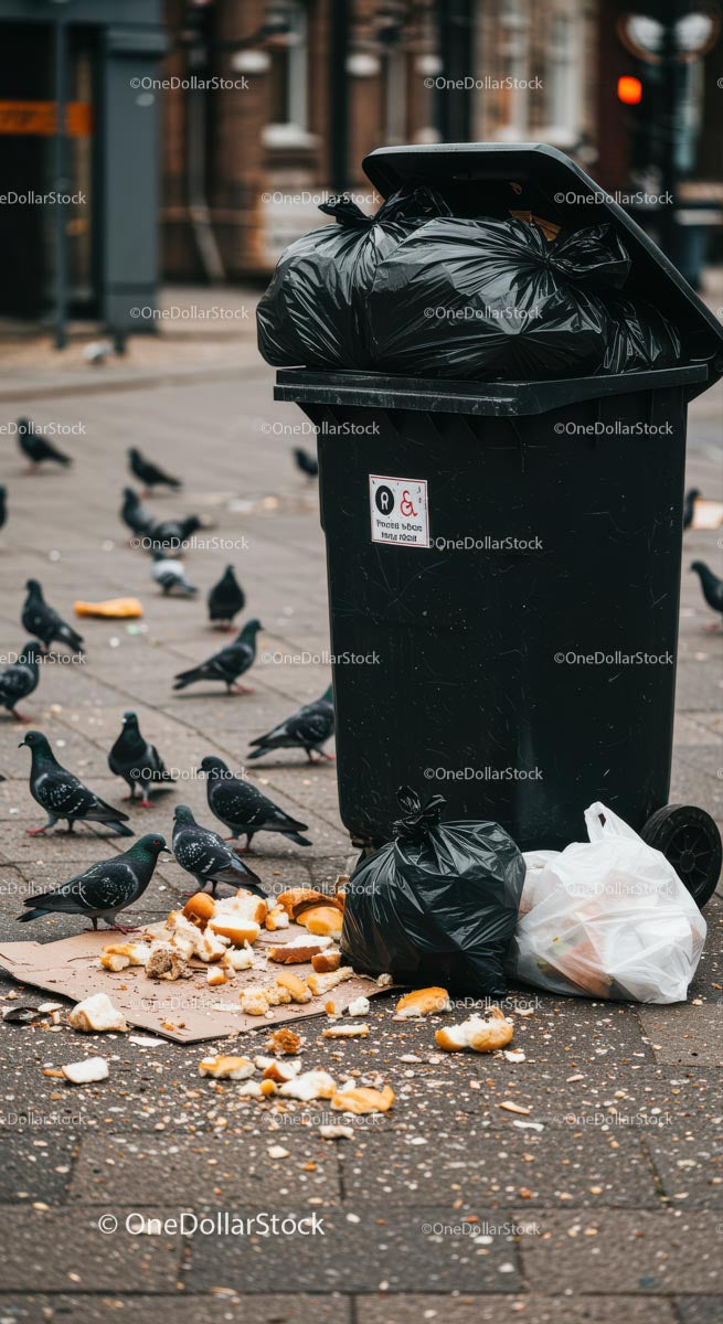 Overflowing Garbage Bin with Pigeons in Urban Street