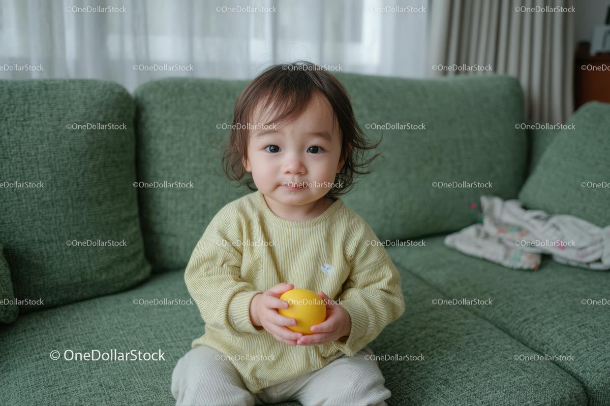 Adorable Toddler Holding Yellow Ball on Green Couch