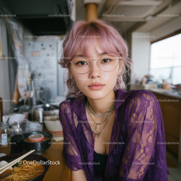 Trendy Woman with Purple Hair Enjoying Ramen in a Modern Kitchen