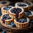 Homemade Blueberry Tarts on Rustic Wooden Board