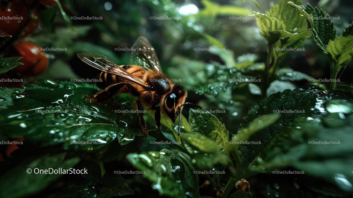 Pszczoła miodna na zielonych liściach pokrytych rosą w tętniącej życiem naturze
