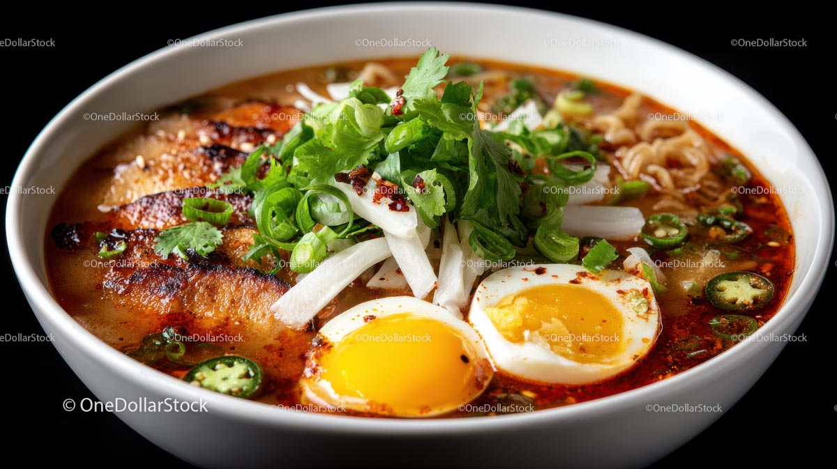 Gourmet Ramen Bowl with Spicy Toppings and Boiled Eggs