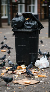 Overflowing Garbage Bin with Pigeons in Urban Street