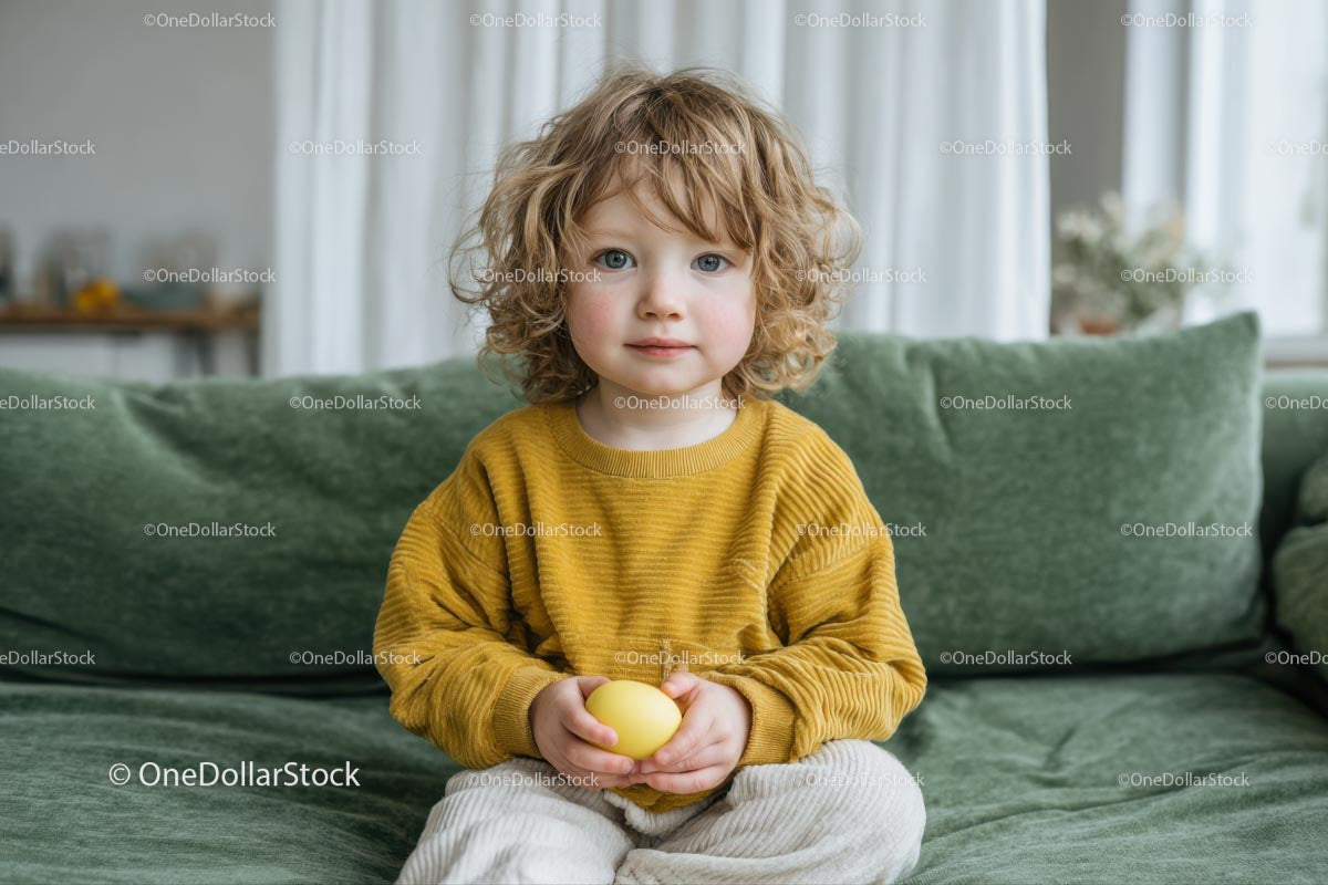 Curly-Haired Child in Yellow Sweater on Green Sofa