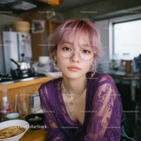 Young Woman with Purple Hair Relaxing in Cozy Kitchen