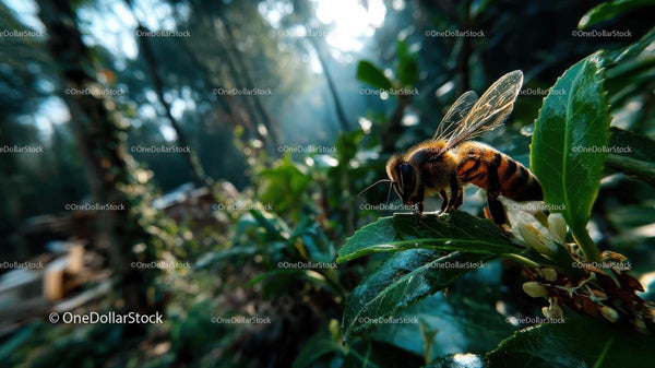 Honeybee Pollinating on Green Leaf in Sunlit Garden