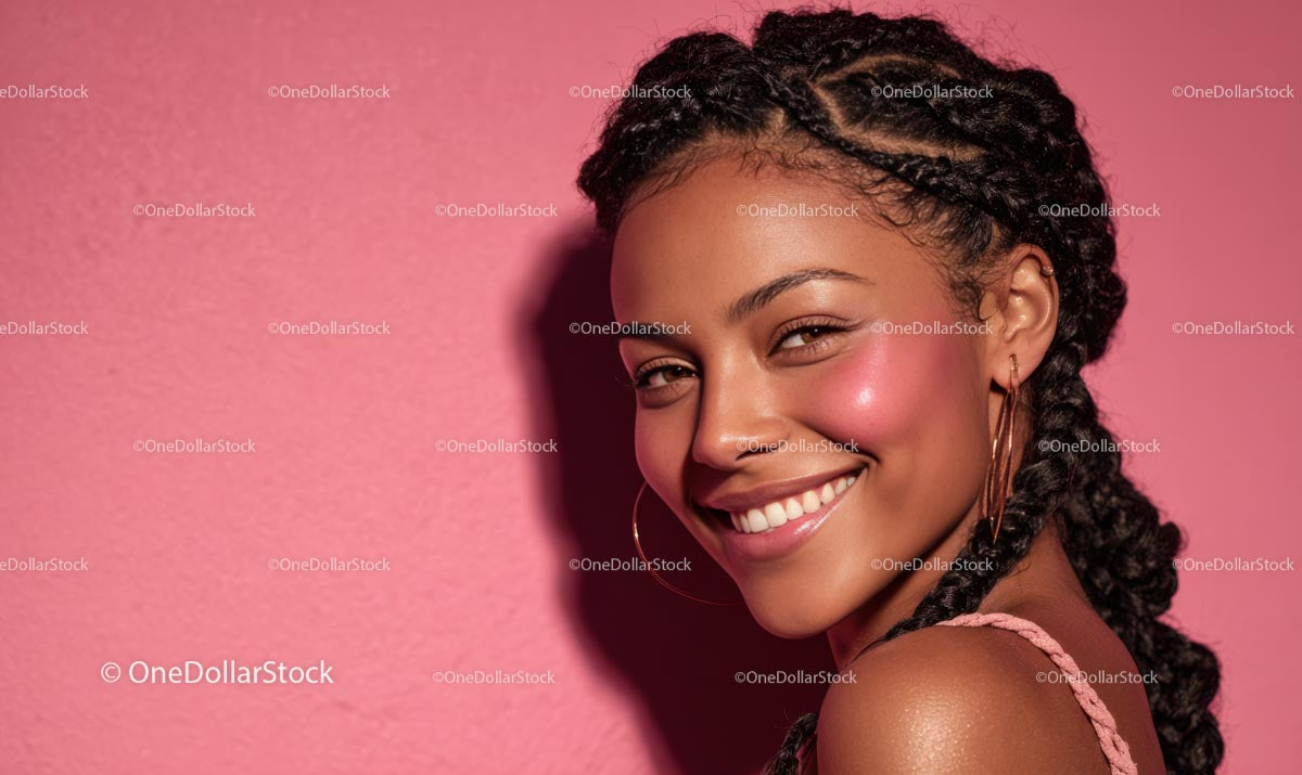 Bright-Lipped Woman with Braids on a Pink Canvas
