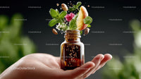 Natural Herbal Essence in a Brown Bottle with Fresh Ingredients