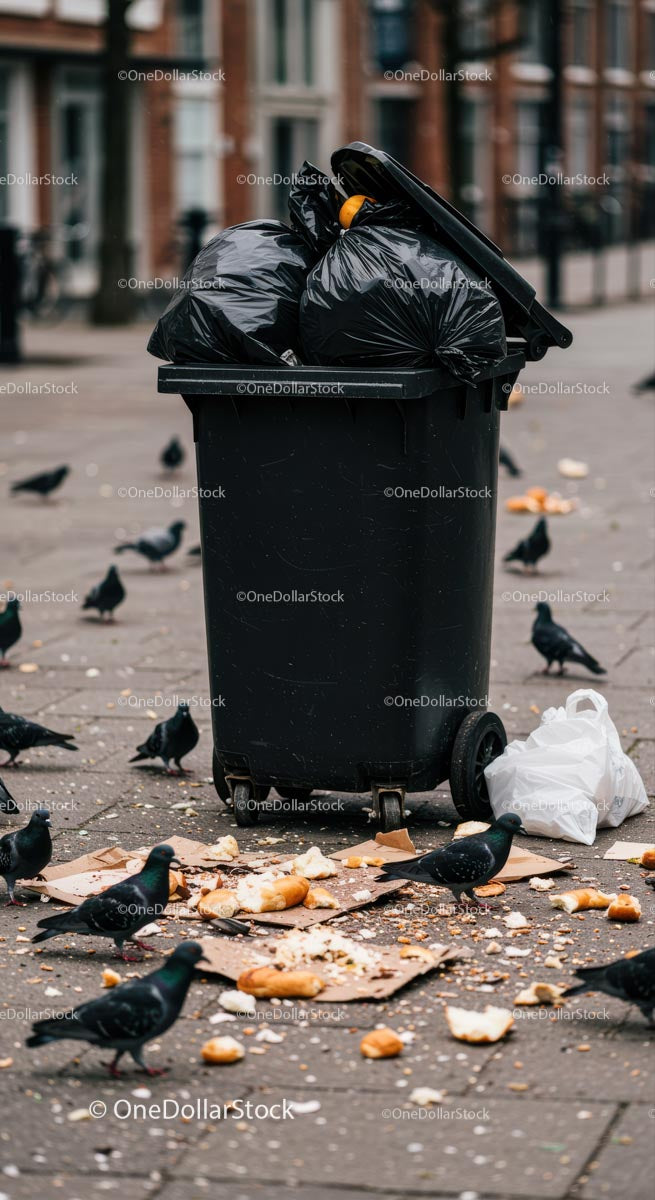 Overflowing Garbage Bin with Pigeons in Urban Setting