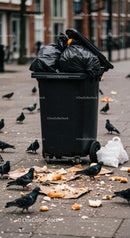 Overflowing Garbage Bin with Pigeons in Urban Street