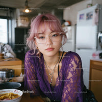 Stylish Young Woman in Purple Lace Top at Home