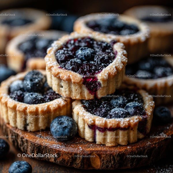 Fresh Blueberry Tarts on Rustic Wooden Board