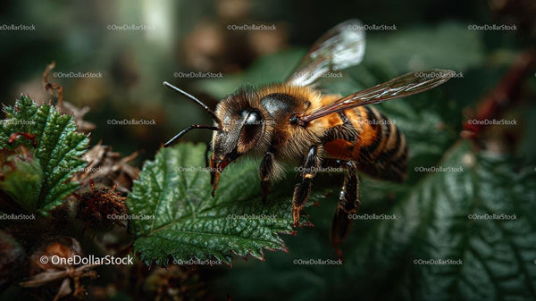Close-Up of Honeybee on Green Leaves
