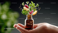 Aromatic Essential Oil Bottle with Fresh Herbs and Citrus