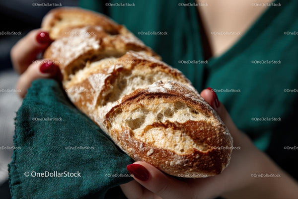 Crusty Artisan Baguette in Hands with Red Nails