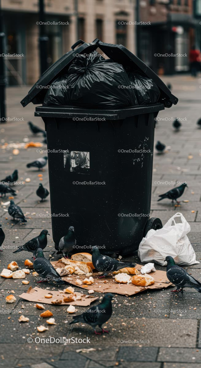 Pigeons Feeding Near Overfilled Urban Trash Bin