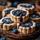 Homemade Blueberry Tarts on Rustic Wooden Board