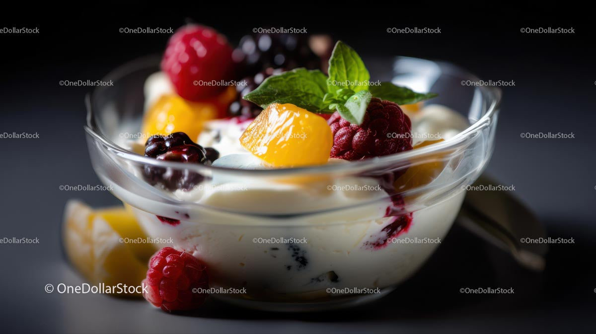 Mixed Berries and Mango in Creamy Yogurt with Mint