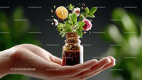 Aromatic Essential Oil Bottle with Fresh Herbs and Citrus