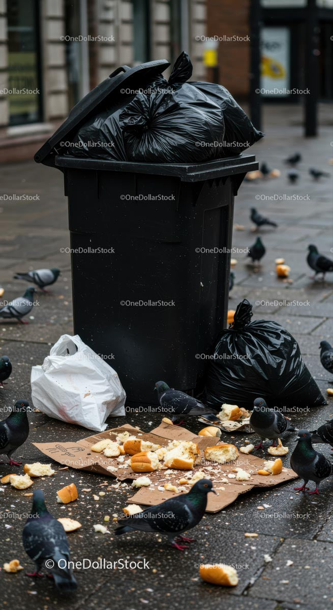 Pigeons Feeding Around Overflowing Trash Bin in City