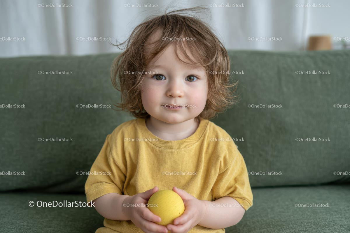 Adorable Toddler Holding Yellow Ball Indoors