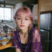 Stylish Woman with Pink Hair in Trendy Kitchen Setting