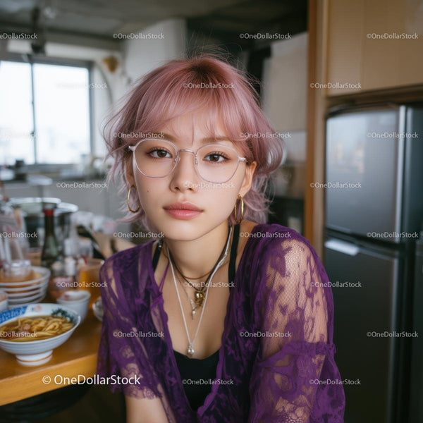 Stylish Woman with Pink Hair in Trendy Kitchen Setting
