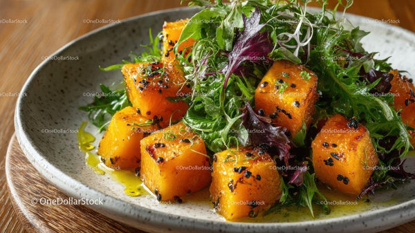 Roasted Pumpkin Salad with Fresh Greens and Sesame Seeds