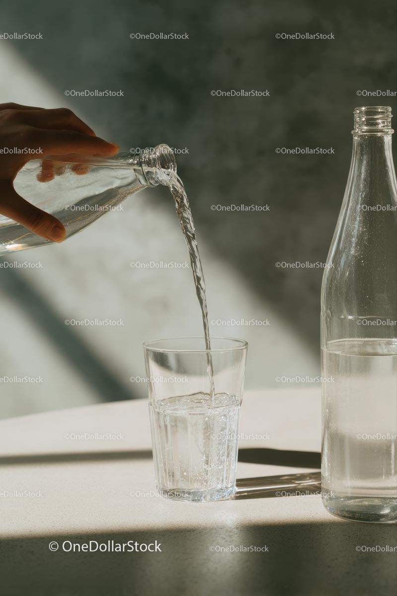 Pouring Water into a Glass with Sunlit Reflections