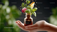 Aromatic Essential Oil Bottle with Fresh Herbs and Citrus