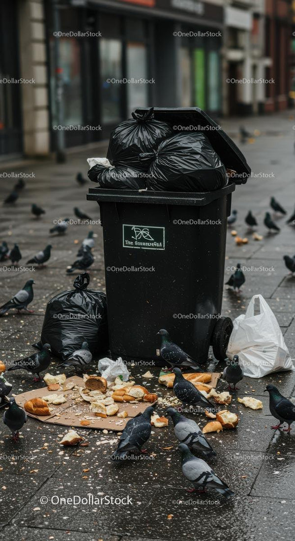 Pigeons Feeding Near Overflowing Garbage Bin on City Street