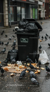 Overflowing Garbage Bin with Pigeons in Urban Street