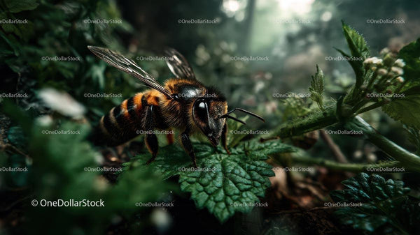 Honeybee on Green Leaf in Natural Habitat