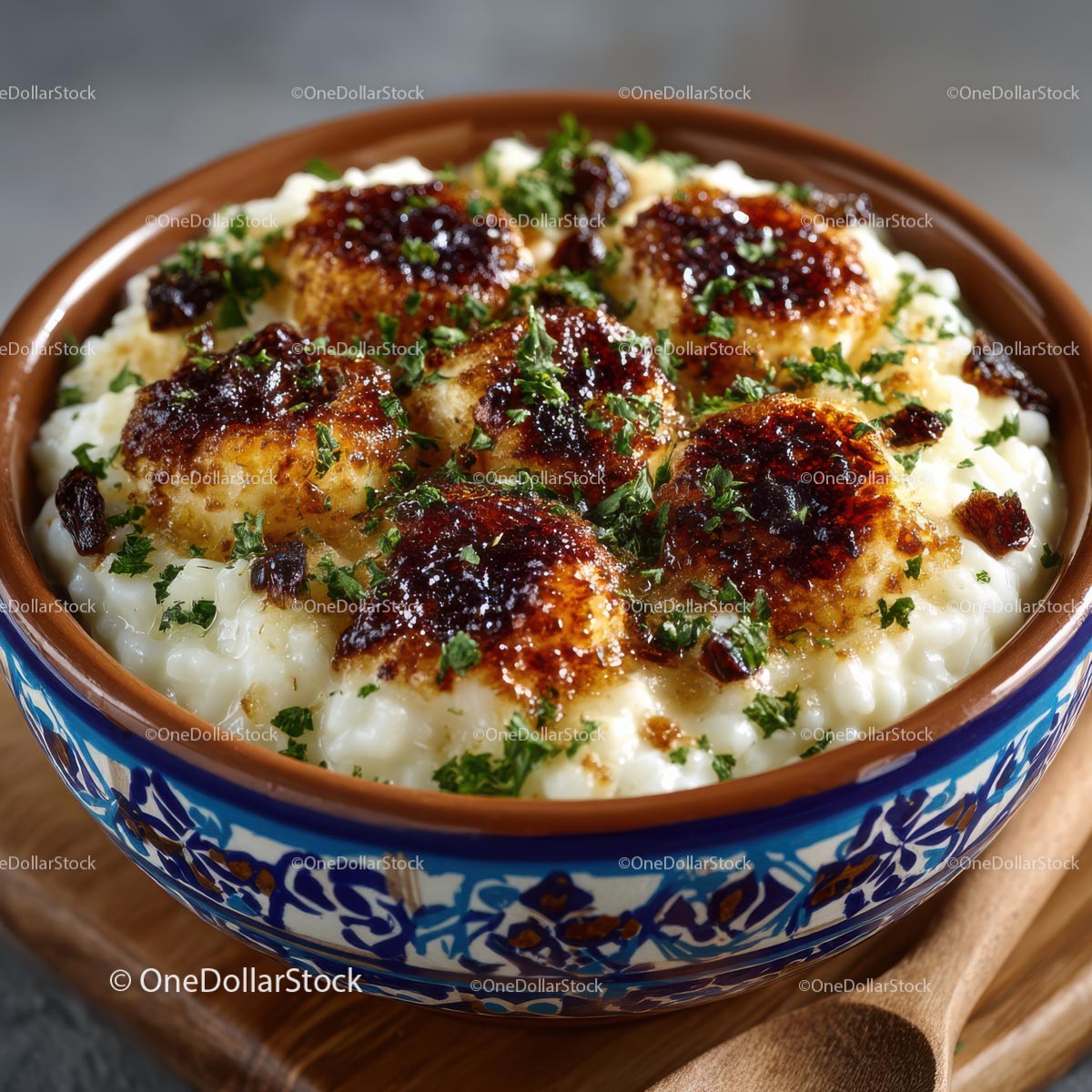 Baked Rice Pudding with Caramelized Crust and Herbs