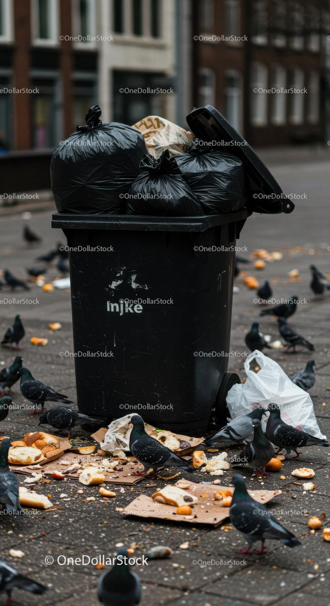 Pigeons Gathering Around City Garbage Bin on Sidewalk