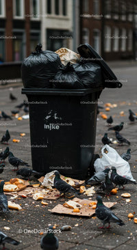 Overflowing Garbage Bin with Pigeons in Urban Street