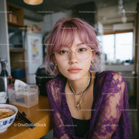 Young Woman with Purple Hair in Trendy Cafe Setting