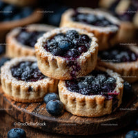Homemade Blueberry Tarts on Rustic Wooden Board