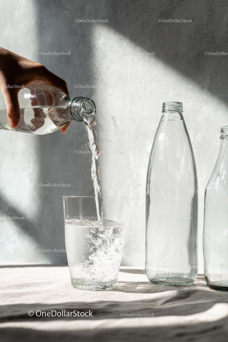 Pouring Mineral Water Into a Glass in Bright Sunlight