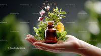 Aromatic Essential Oil Bottle with Fresh Herbs and Citrus