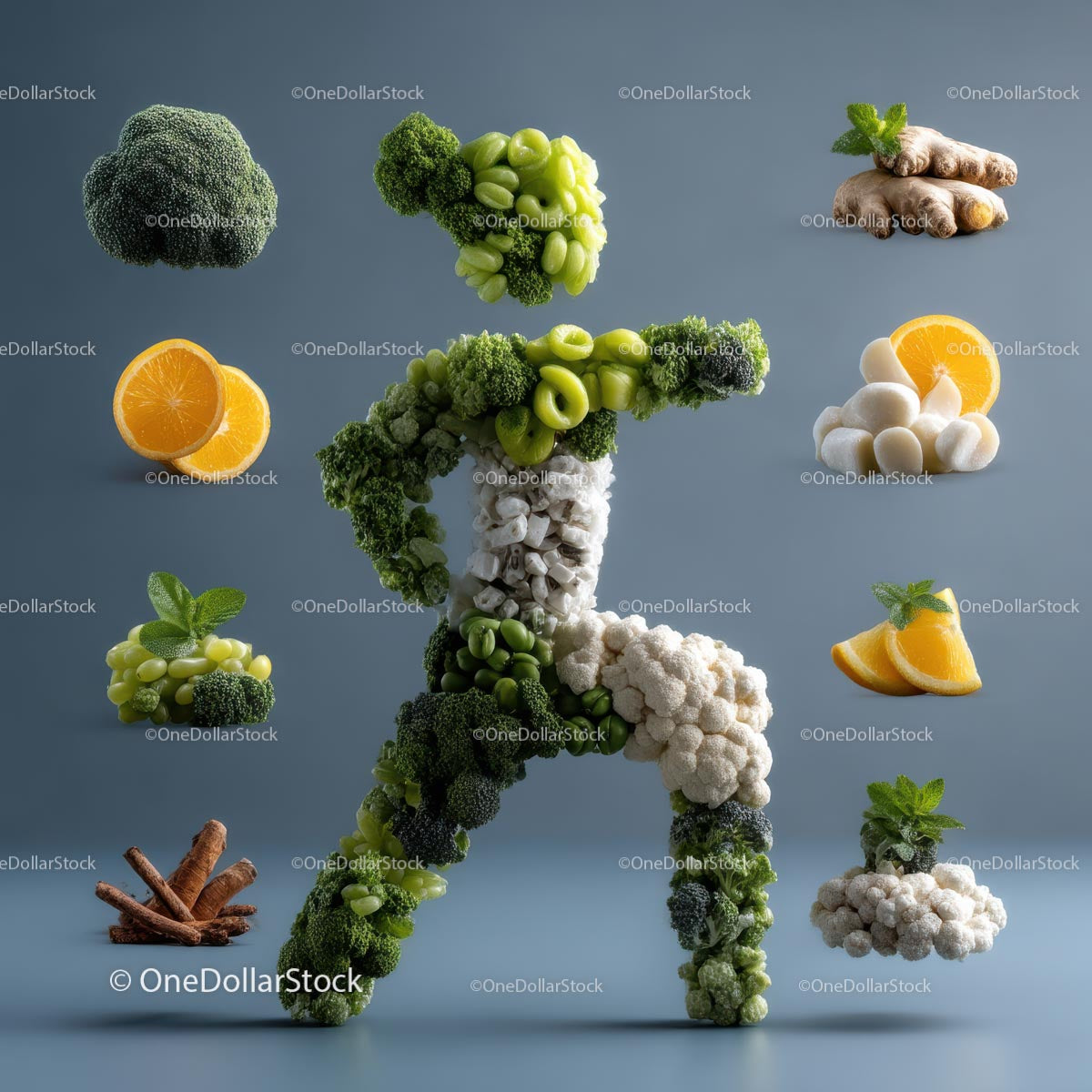 Creative Food Sculpture with Fresh Vegetables and Fruits