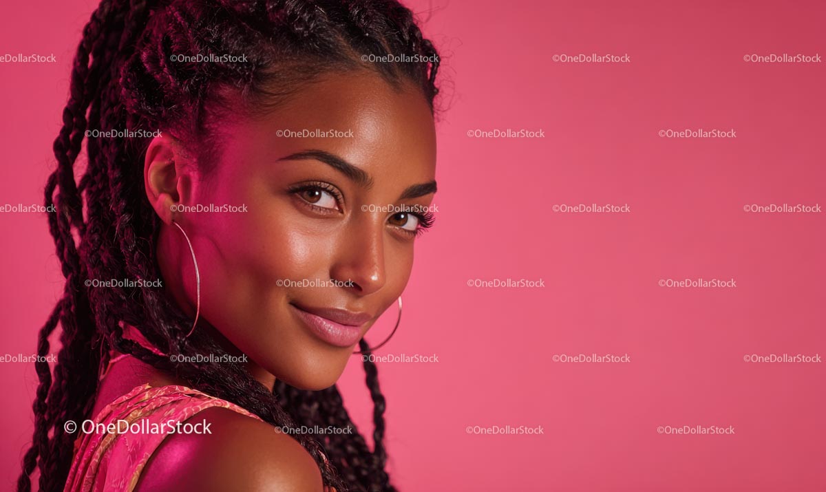 Beaming Woman with Braids on a Warm Pink Canvas