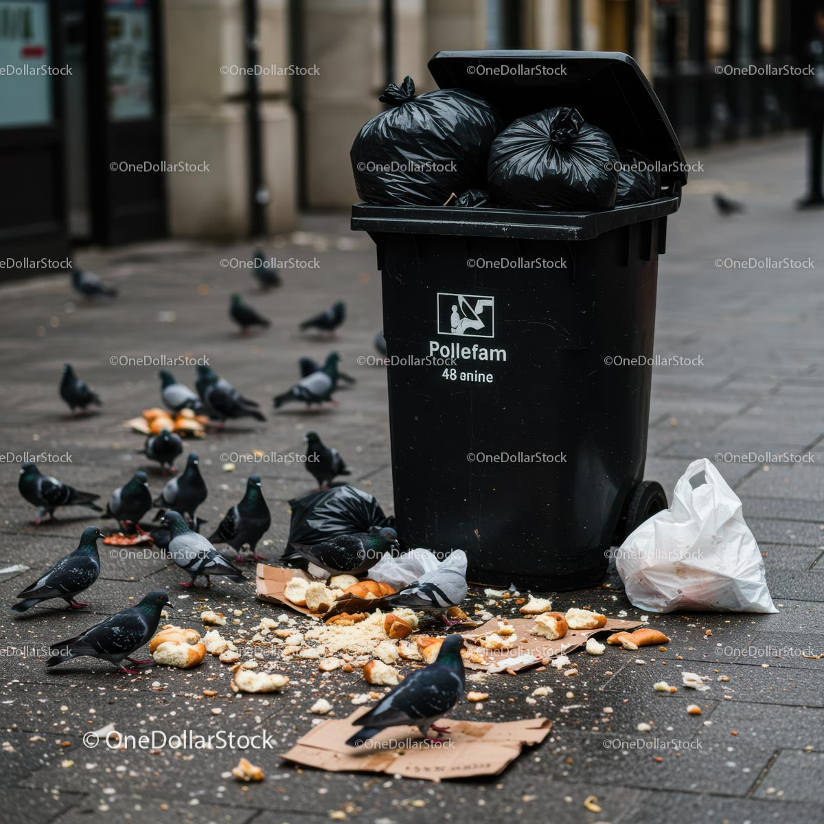Pigeons Feeding Near Garbage Bin on City Street
