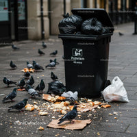Overflowing Garbage Bin with Pigeons in Urban Street